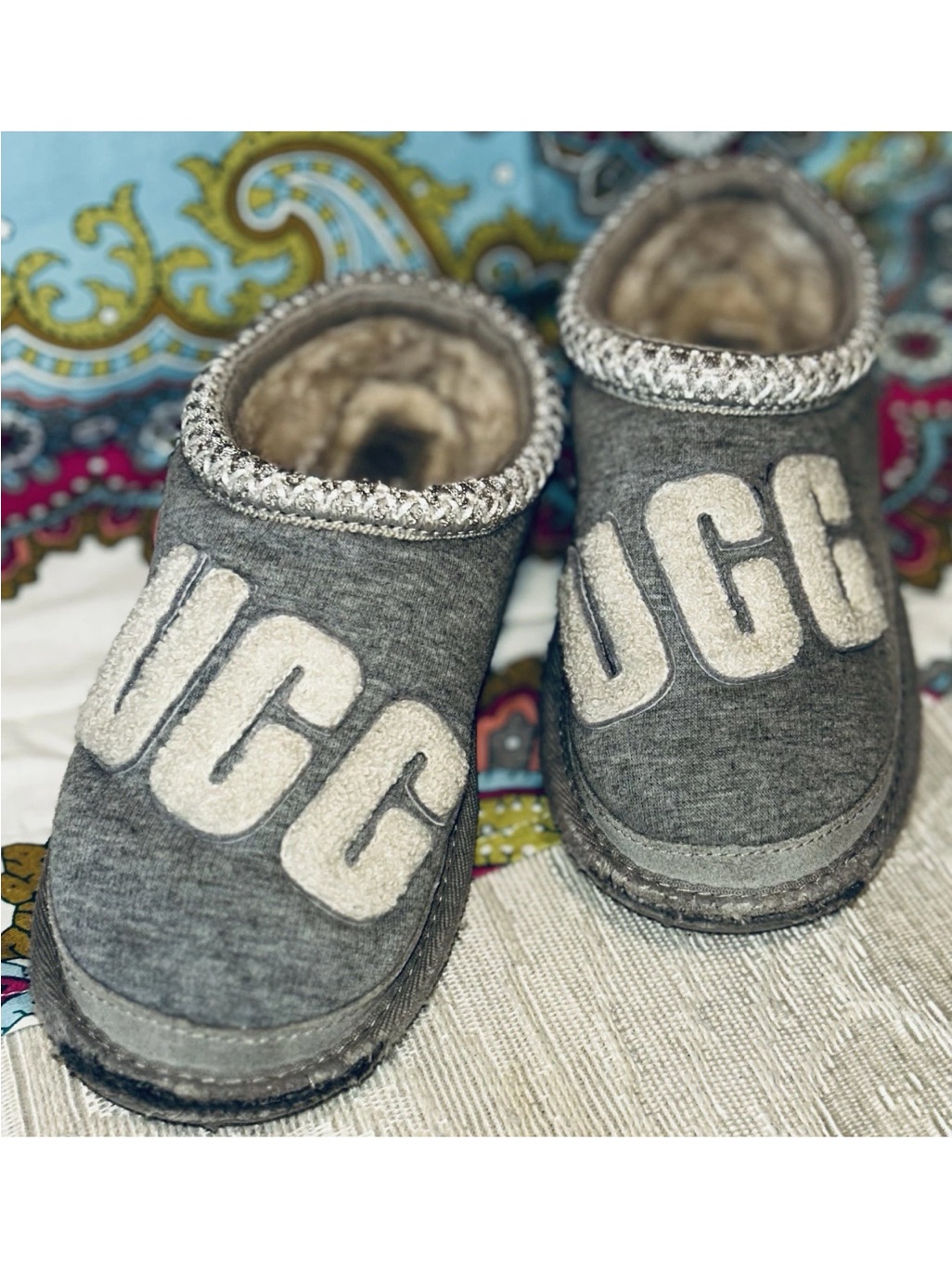 Ugg Tasman Fur Jersey Cozy Slippers Gray Seal Logo Patch Moccasin Shoes Size 2
